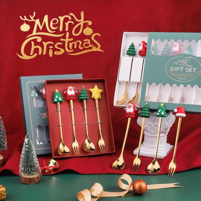 4Pcs Christmas Gift Glod Spoon Fork Set Elk Christmas Tree Decoration Dessert Scoop Fruit Fork Coffee Spoon Cutlery Set