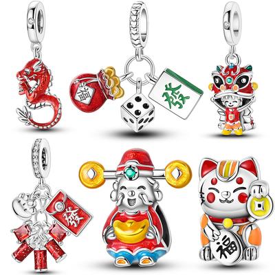 Fit Original Bracelet Copper Plated Fortune Cat Chinese Long Mahjong Charms Beads For Women Jewelry Making Gift