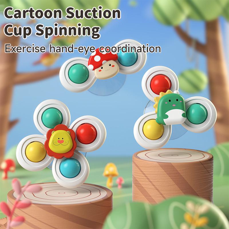 3Pcs/Set Suction Cup Spinner Toy Baby Hand-eye Coordination Sensory Cartoon Animal Spinner Toys High Chair Table Travel Bath Toy