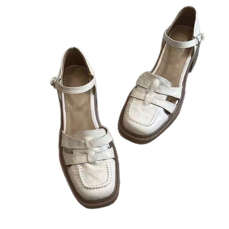 

Super soft lambskin~ White baotou sandals women s summer 2025 new leather Roman thick heel high heel method 40