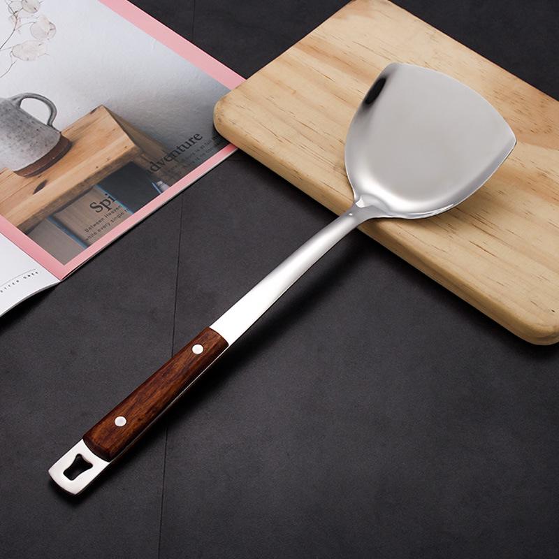 

Набор кухонной утвари из нержавеющей стали с ручками из палисандра: Лопатка с длинной ручкой, Лопатка для жарки, Утолщенный половник для супа, Шумовка и Поварская ложка.