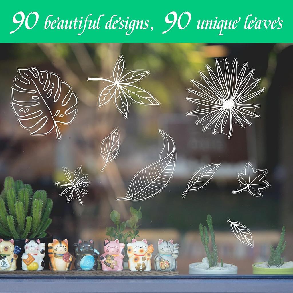 90 PCS Leaf Window Clings - Double Sided White Leaves Stickers - 90 Designs - Reble Window Decals - Static Clings - Bird Alert - Prevent Bird Strikes