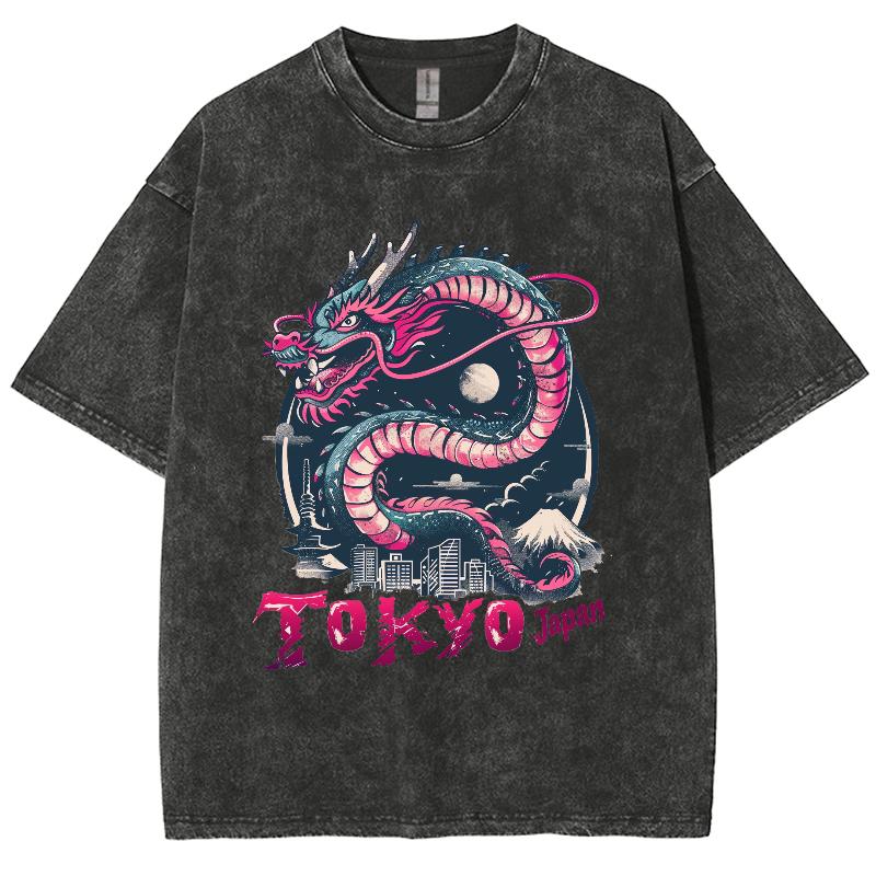 

Японский мультяшный дракон с принтом букв Токио, женская футболка свободного покроя из стираного хлопка со средним рукавом, уличный топ S