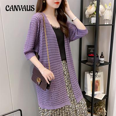 Maglieria estiva da donna, sezione sottile e ampia del risvolto esterno, nella lunga camicia lavorata a maglia, camicia cava, scollo a V, giacca con scialle solare