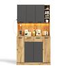 Kitchen Cabinet with LED, Shelf with Socket and 4-Tier Pull-Out Spice Rack, Wine Rack and Display Cabinet for Kitchen & Dining Room, 180 × 100 × 40 Cm