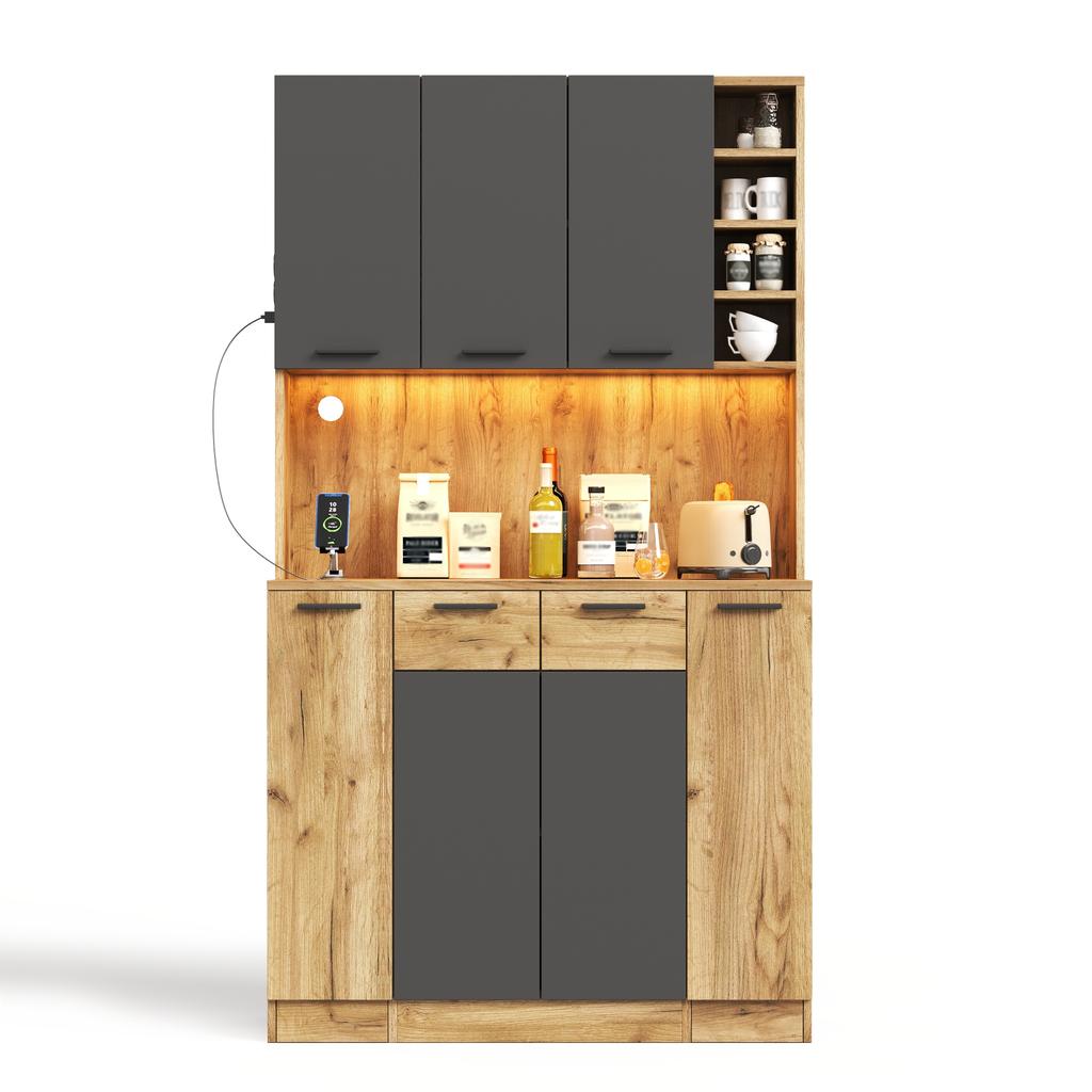 Kitchen Cabinet with LED, Shelf with Socket and 4-Tier Pull-Out Spice Rack, Wine Rack and Display Cabinet for Kitchen & Dining Room, 180 × 100 × 40 Cm