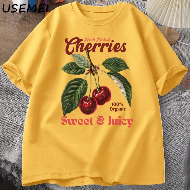 Retro Cherries TShirt Women Unisex Cherry TShirts Cotton Y2k Style T Shirt Summer Short Sleeve Round Neck Tees Unisexs Clothing