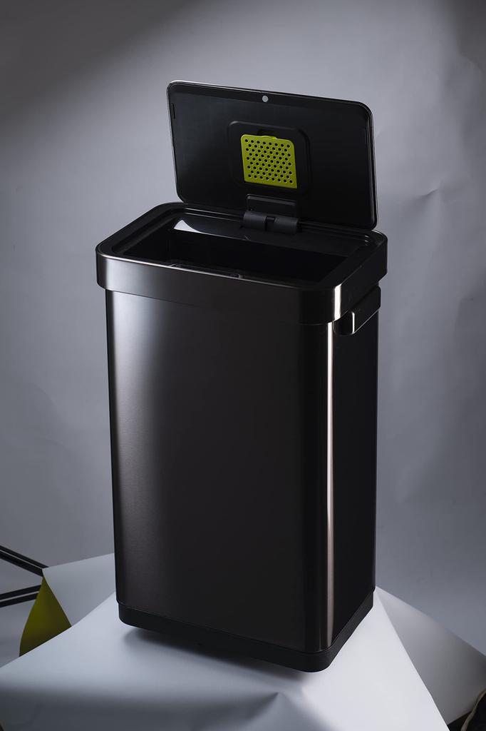 EKO Trash Can Automatic Deluxe Mirage Bin Black Steel 45L with Stainless Lid No Inner Box Open/Close T-Sensor EK9378BS-45L