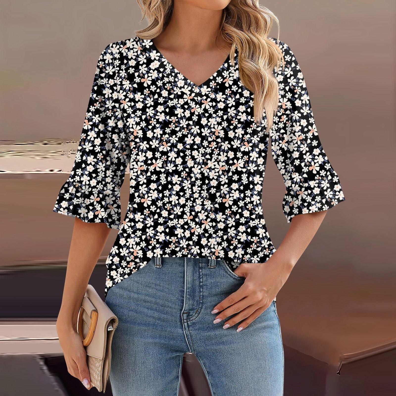 

Жіночі повсякденні топи з рукавом 3/4, літні футболки з V-подібним вирізом і пухкими рукавами M