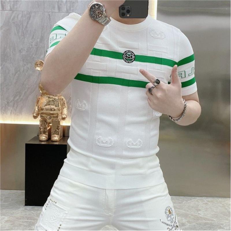 

Мужской персонализированный полосатый вязаный облегающий топ с круглым вырезом и рукавами до локтя, универсальный тонкий 4XL белый