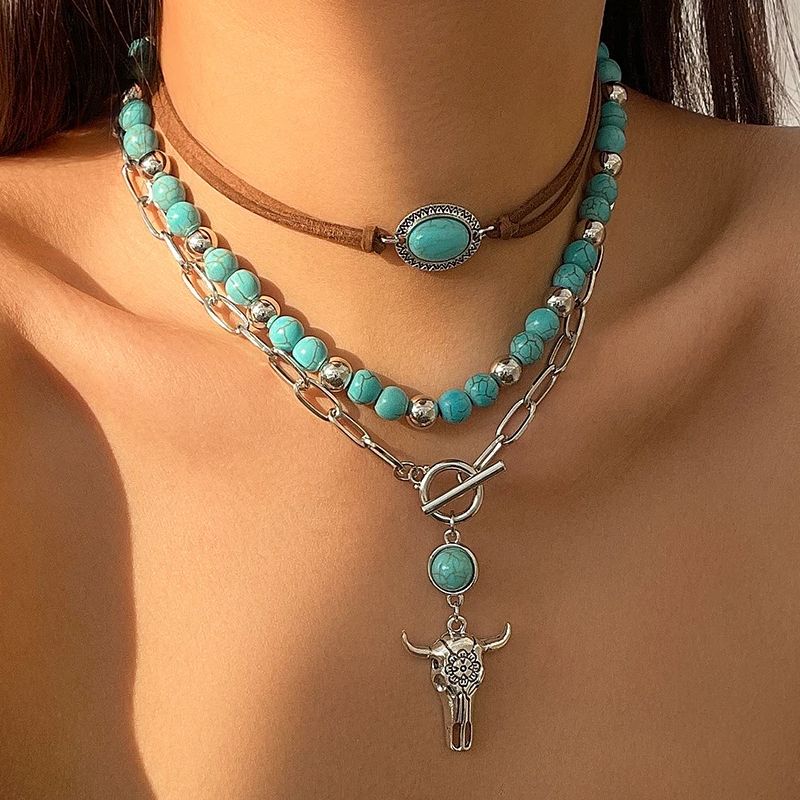 PuRui Oxhead Green Stone Women's Multi Layer Pendant Necklaces Ethnic Style Girls Necklaces Amulet Vintage Gifts Zircon New In