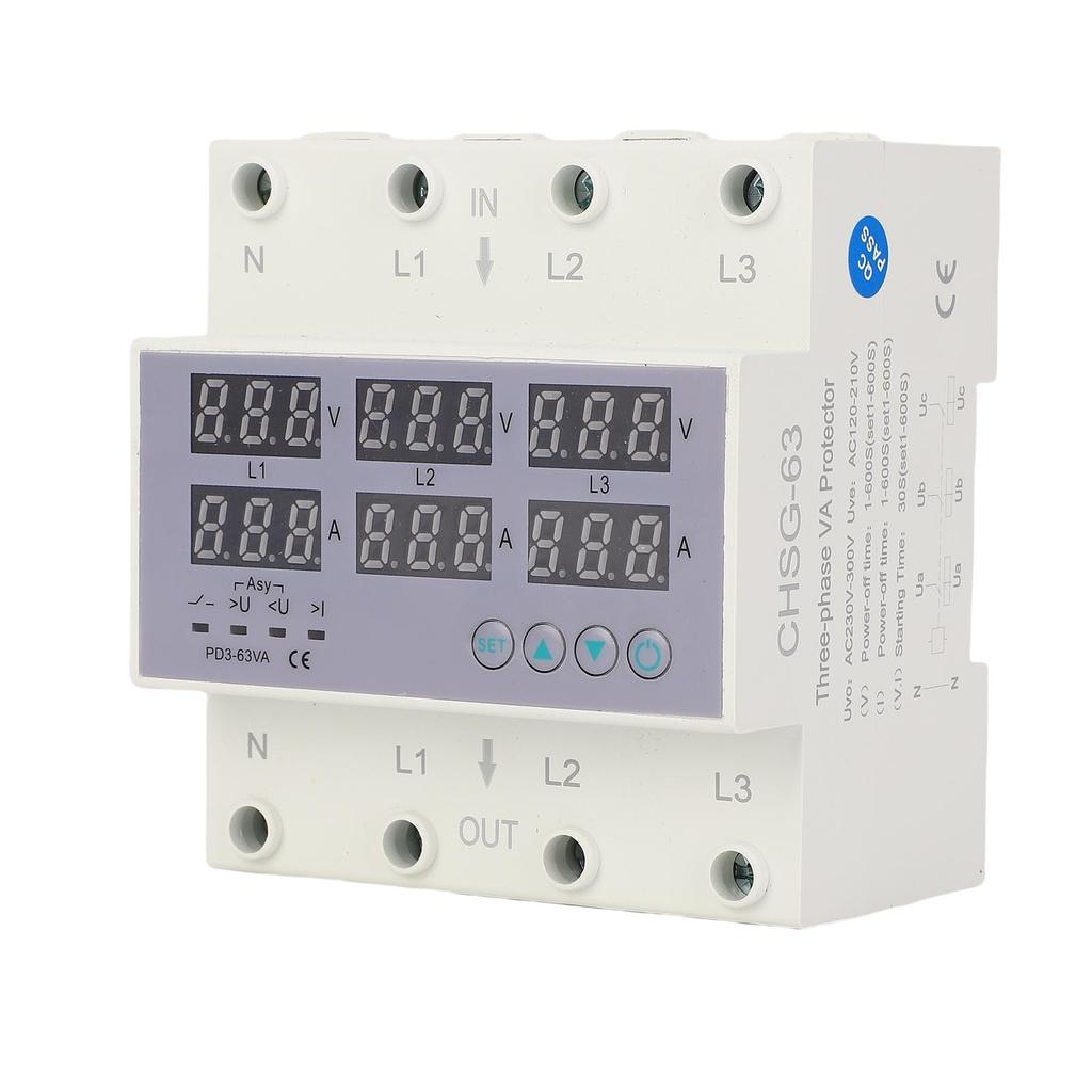 3 Phase DIN Rail Voltmeter Ammeter Automatic Overvoltage Overcurrent Protector AC230 300V