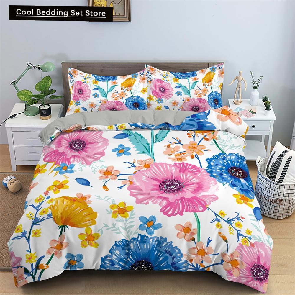 Watercolor Flowers King Queen Duvet Cover Colorful Blooming Floral Bedding Set for Teen Adult Plant 2/3pcs Polyester Quilt Cover