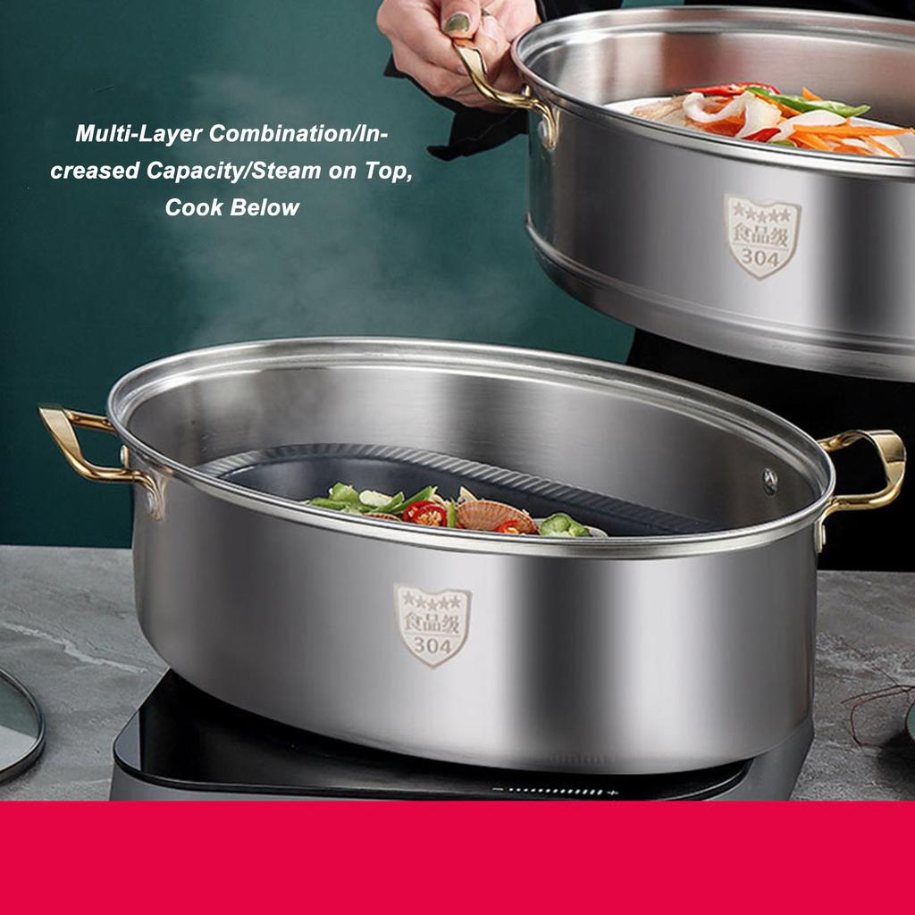 304 Stainless Steel Fish Steaming Pot Single Layer Thickened Multi Use Oval Cookware with Rack Ceramic Pan Chuck Stockpot