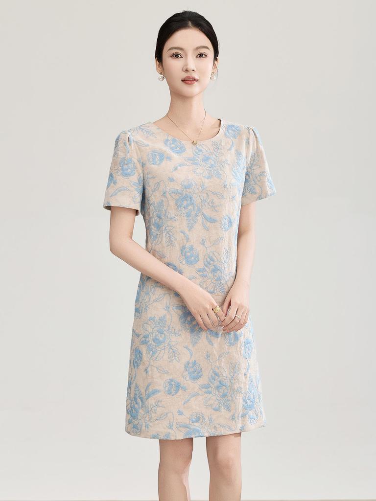 Nanyou Elegant Embroidered Jacquard Linen A-line Dress with Waist-cinching Short Sleeves for Spring/Summer Style
