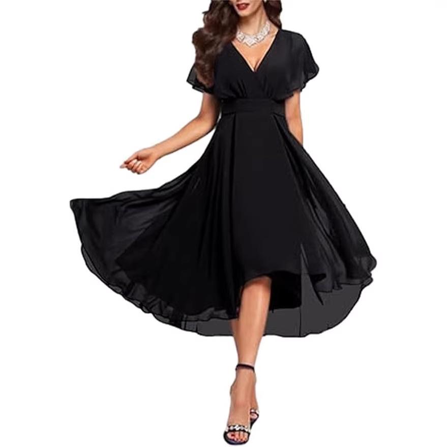 

Lotus crew neck new dress women s fashion chiffon solid color dress XXXL чорний
