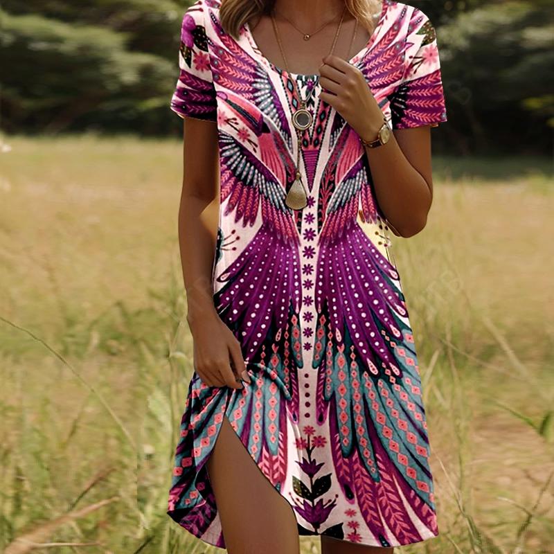 

Модное женское свободное платье-трапеция с принтом крыльев и коротким рукавом с принтом листьев 5XL розовый