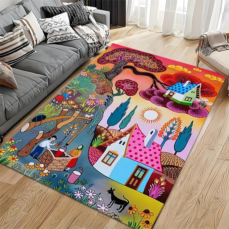 Bunter Zeichentrick-Dorfszene-Teppich mit Häusern, Bäumen und Tieren Geeignet für den Einsatz als Antirutsch-Matte für Wohnzimmer, Schlafzimmer, Sofas