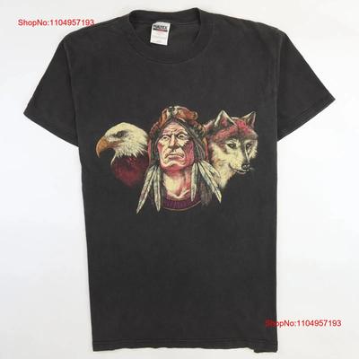 Vintage Native Chief Head Wolf Eagle T Shirt Size Large Vintage Washed Casual Stylish Fashion Streetwear Designer Clothes
