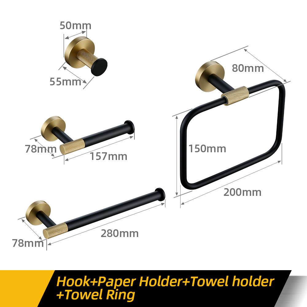 Towel Rack Wall Mounted Towel Rack Brushed Gold Paper Holder& Matte Black Hook Knurled and Combined Colors Toilet Brush Holder