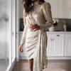 Women Sequin Cocktail Dress Mock Neck Long Sleeve Draped Asymmetric Hem Gold Ruched Elegant Fall Winter Evening Party Night Out Formal Midi Dress