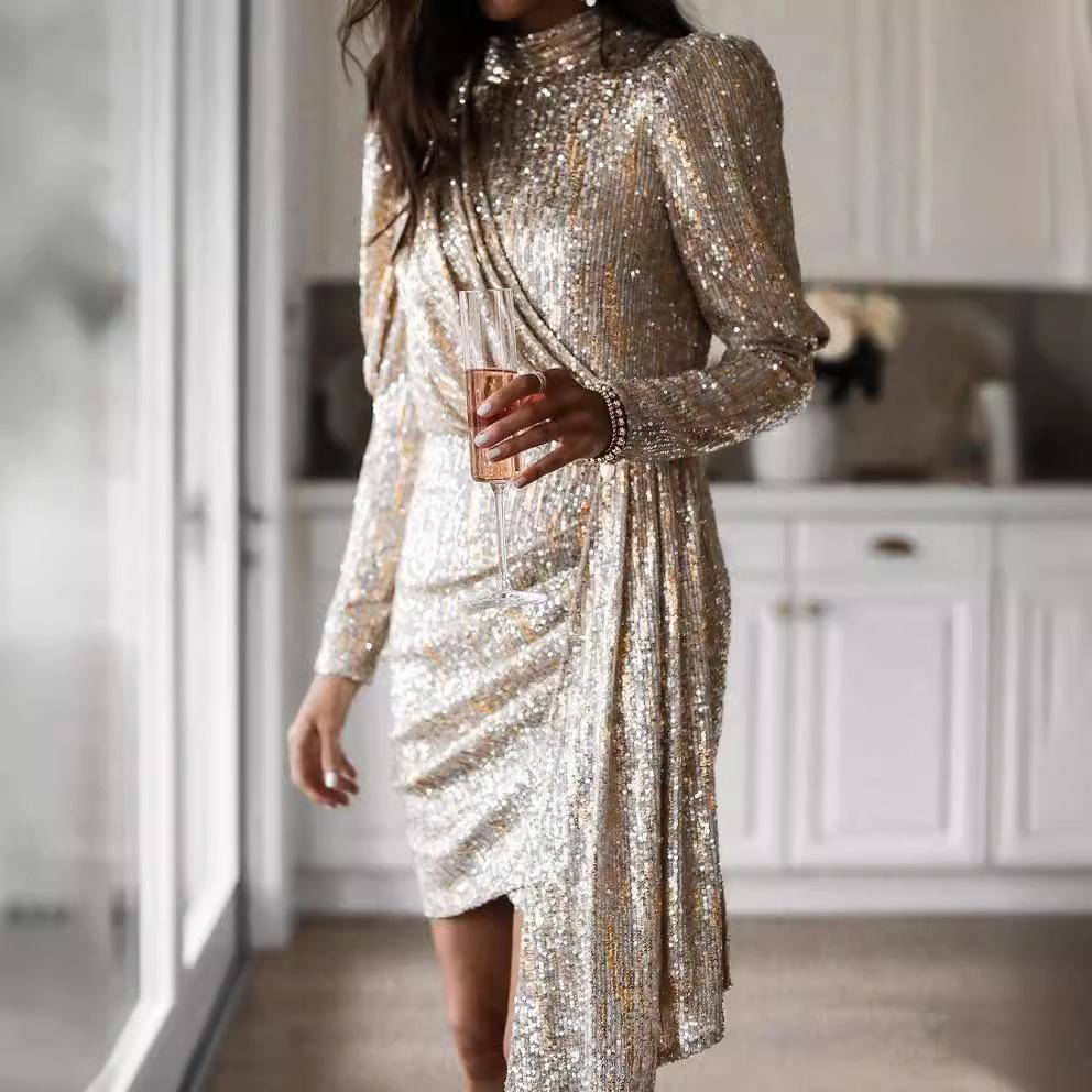 Women Sequin Cocktail Dress Mock Neck Long Sleeve Draped Asymmetric Hem Gold Ruched Elegant Fall Winter Evening Party Night Out Formal Midi Dress