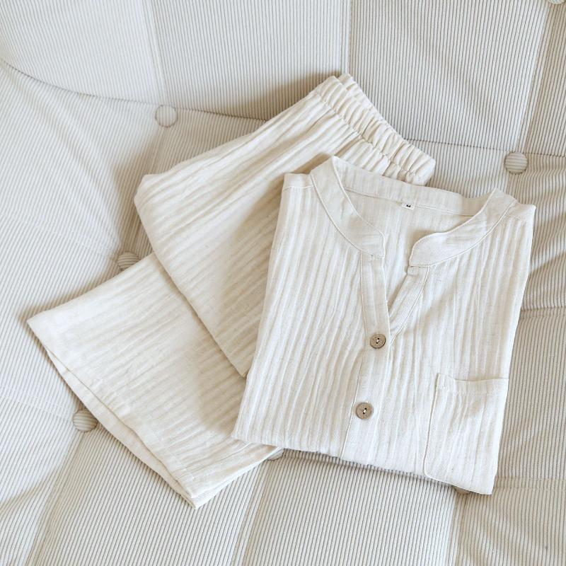 2026 Frühjahr/Sommer Neues Damen-Pyjamaset 100% Baumwolle Baumwollhanf Siebenärmel+Hose Einfach Großes Heimtextil Bekleidung