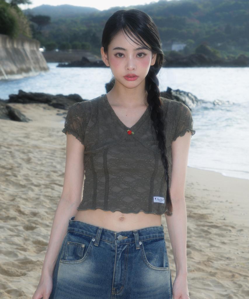 ROSEFRANTZ Rose Lace Slim T-Shirt [Khaki]