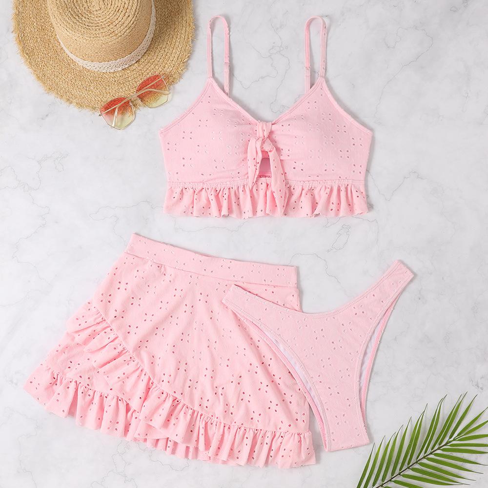 Multi-color Korean New Solid-color Girl Swimsuit Pure Desire Wind Bath Hot Spring Three-piece Skirt Split Bikini