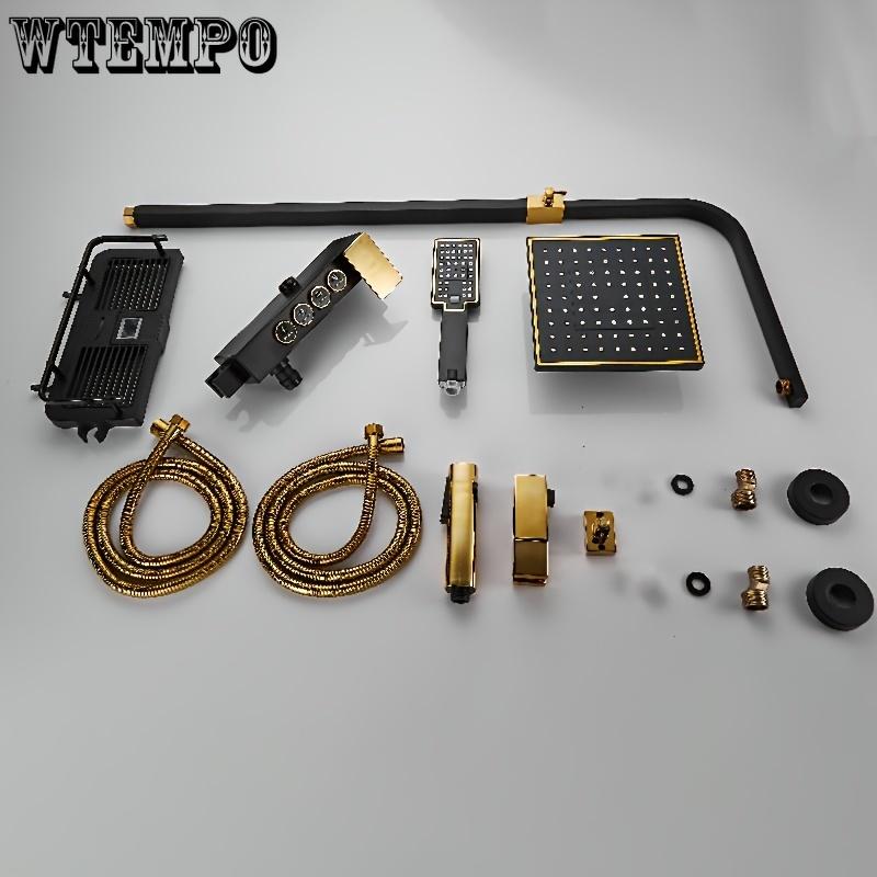 Set de duș montat pe perete din cupru, temperatură constantă cu cap de pulverizare portabil, design cu bară pătrată neagră și aurie, include 4 butoane de control