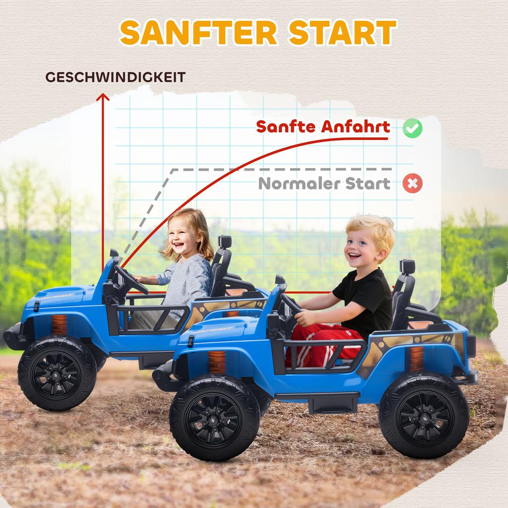 Electric Vehicle for Kids, 12V Battery, with Parent-Child Seat, Remote Controllable, Music, Horn, LED Lights, 3-8 Years, Blue