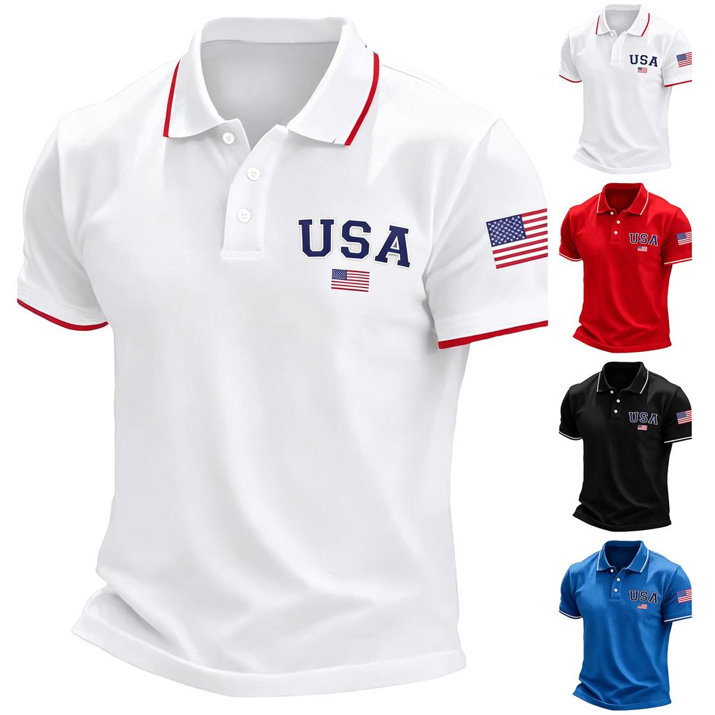 Men's Short Sleeve Polo Shirt Button Down Collar Classic Fit Casual Polo Shirt with Embroidered USA and Flag Patch