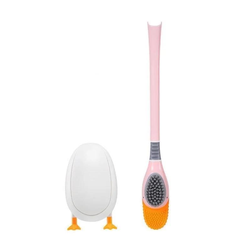 Household Bathroom Silicone Toilet Brush Set Cute Diving Duck Wall-mounted Floor-Standing Long Handled Deep Cleaning Accessories LS розовый