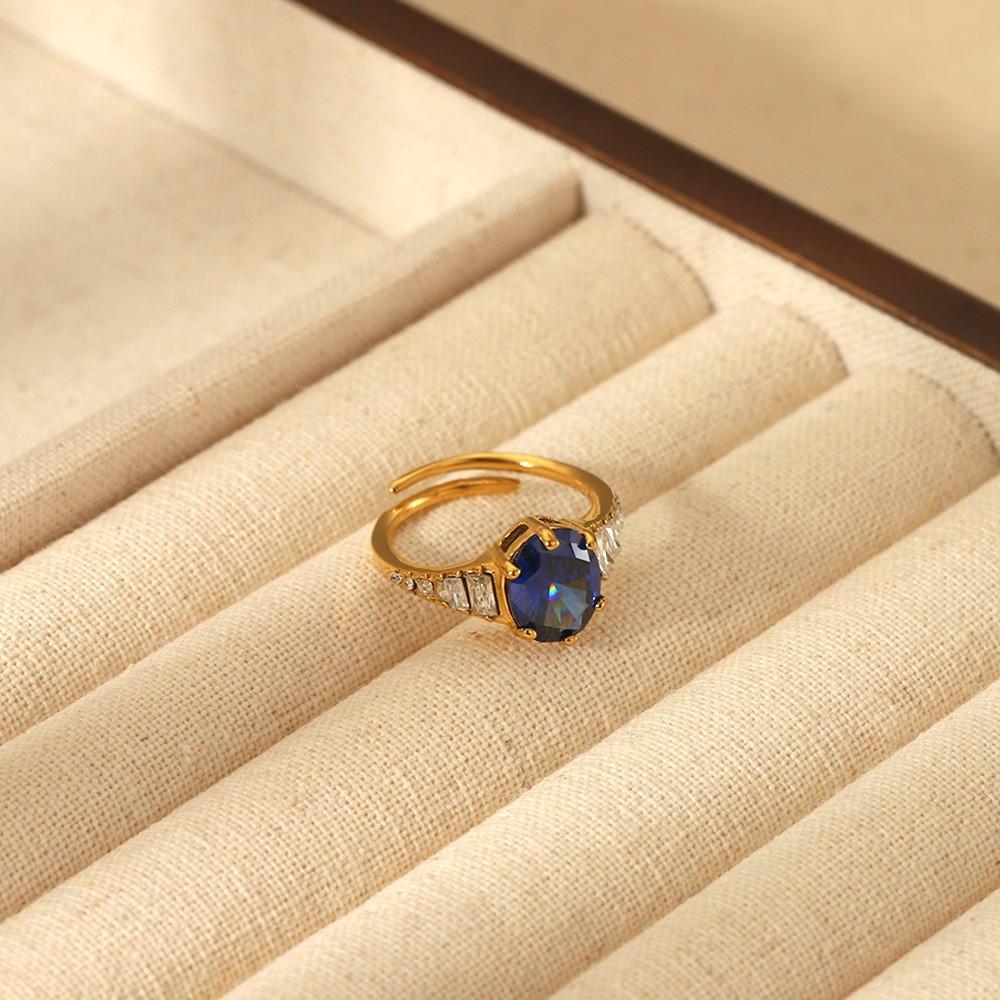 European and American Ins Light Luxury Oval Zircon Adjustable Ring Stainless Steel Electroplating 18K Gold Waterproof Jewelry Women
