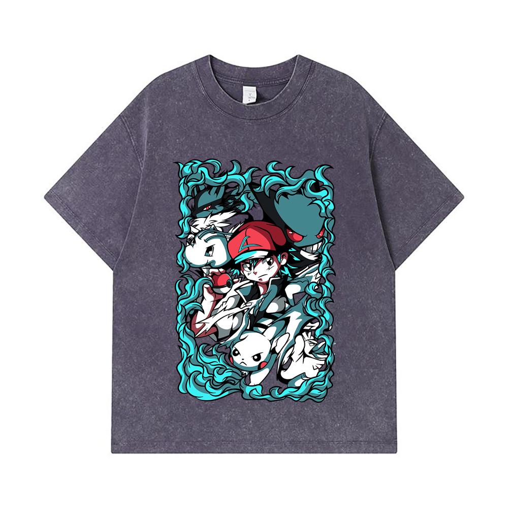 275 GSM Washed T-shirts 100% Cotton Pokemon V26 Print Unisex Heavy Cotton T Shirt