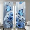 2Pc Blue And White Floral Butterfly Pattern Curtains, Polyester Fabric, Machine Washable, Suitable For Bedroom And Living Room