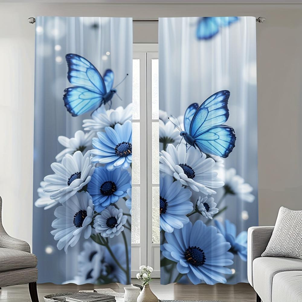 2Pc Blue And White Floral Butterfly Pattern Curtains, Polyester Fabric, Machine Washable, Suitable For Bedroom And Living Room