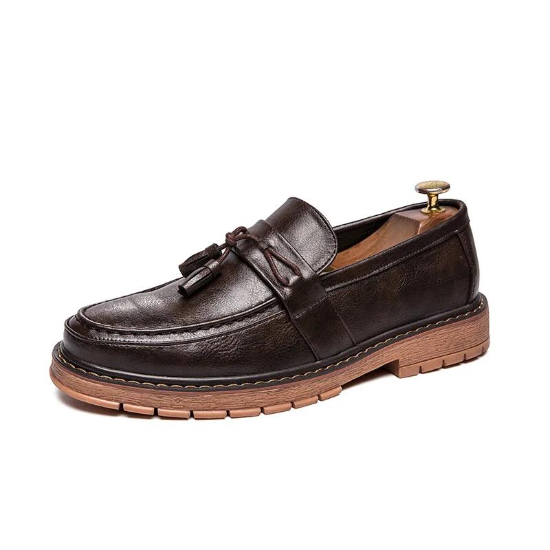 Slip-on Thick Soled Casual Leather Shoes British Retro Round Head Handmade Leather Fringe Lazy Loafers Men 2026