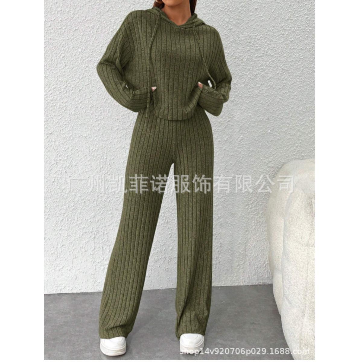

Повседневный вязаный комплект с длинными рукавами для осени и зимы, женская толстовка с капюшоном, свободные брюки, комплект из двух предметов L армия зеленый