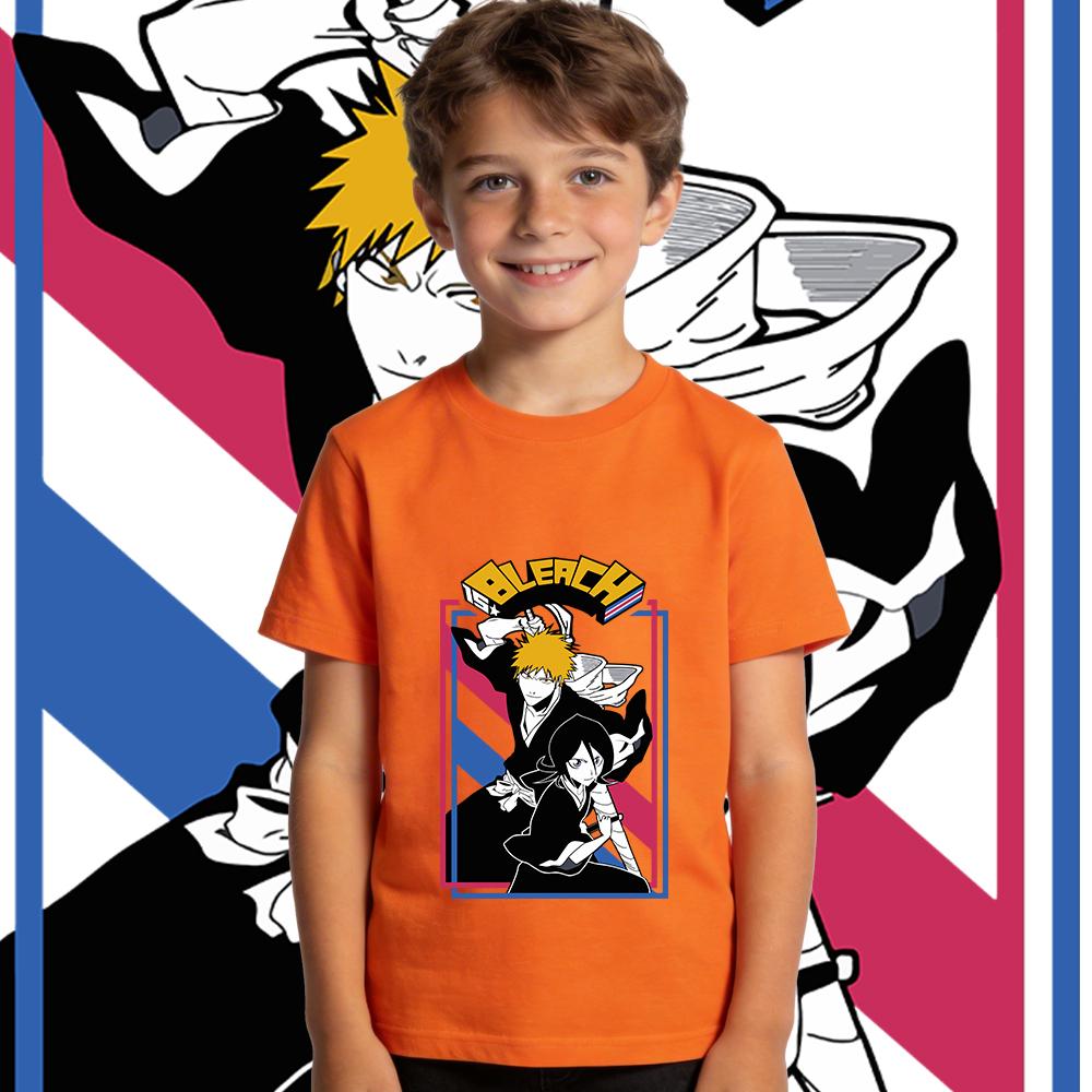 Bleach Anime Print Cotton T Shirt Boys Girls Casual Short Sleeve Summer Top Soft Breathable Kids Clothing