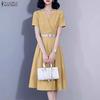 ZANZEA Women Summer V-Neck Solid Color Casual Short Sleeve Dress