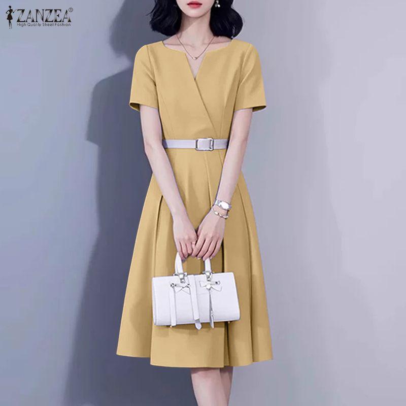ZANZEA Women Summer V-Neck Solid Color Casual Short Sleeve Dress