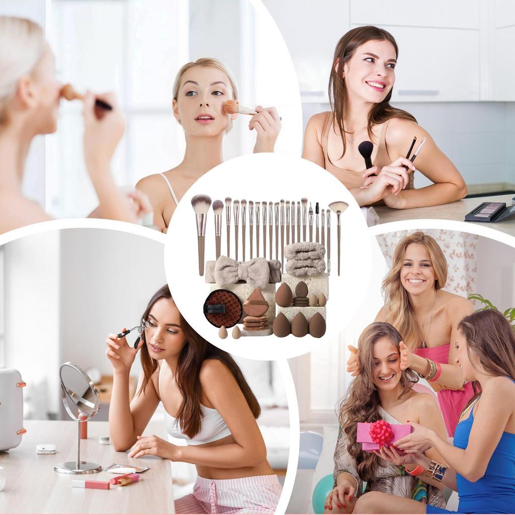 Makeup Brushes and Sponges Set Brown Makeup Puff, Beauty Egg, Headband Wristband Remover Kit Makeup Tool Gift