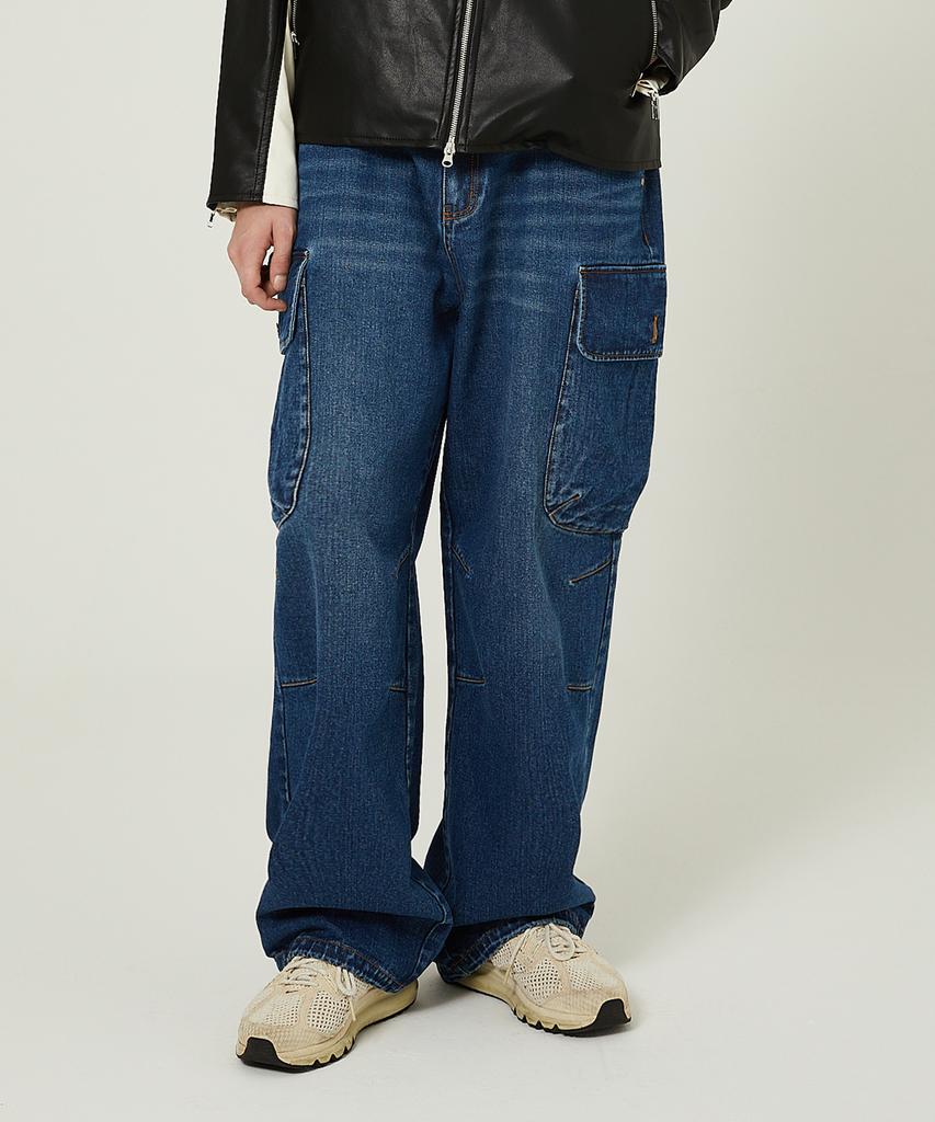 WAIKEI Parachute Cargo Washed Denim Pants Medium Blue