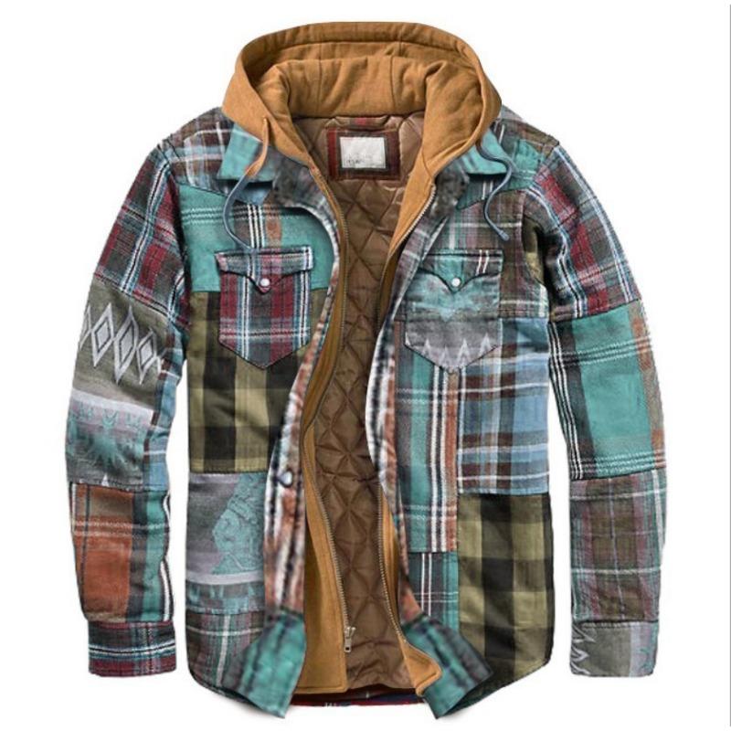Men's Clothing European and American Autumn and Winter Thickened Cotton-padded Plaid Long-sleeved Loose Hooded Jacket