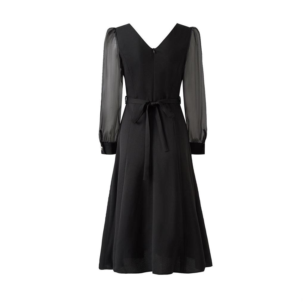 Nanyou Women's Spring V-Neck Lace Patchwork Crystal Waist-Cinched Dress