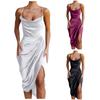 Womens Sexy Spaghetti Strap Satin Dress Backless Ruched Asymmetrical Hem Cami Dress