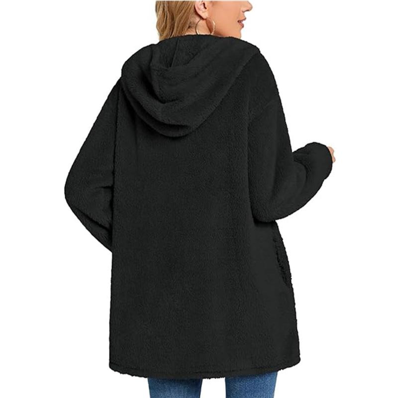 Women's Long Sleeve Button Pocket Casual Plush Hooded Jacket