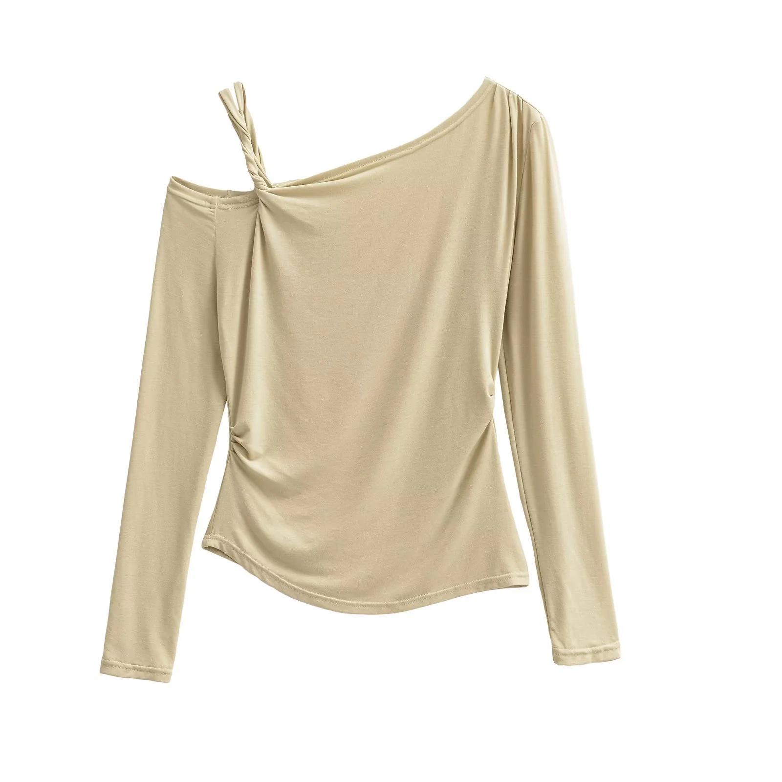 

Asymmetrical Single Shoulder Long Sleeve Women s Top with Twisted Pleats Medium