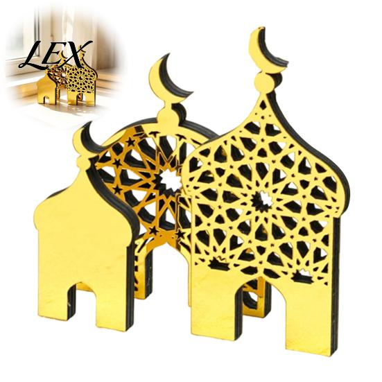 Indoor Aesthetic Ornaments 3PCS Ramadan Golden Castle Ornament, Hollow Mosque Design, Thick Wood And Religious Celebration Gifts Acrylic Desktop